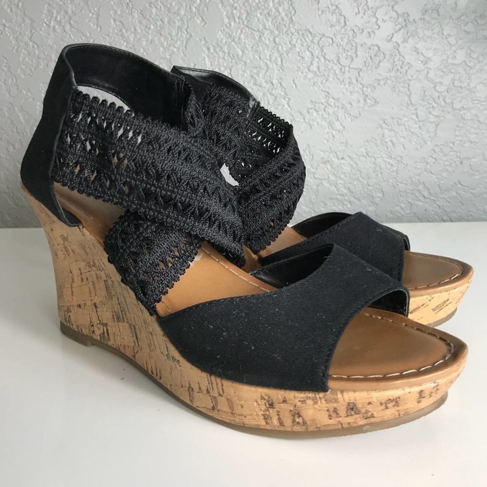 Seychelles Black Lace Cork Wedge Sandals 8